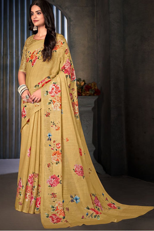 Astounding Cotton Linen Fabric Yellow Digital Printed Work Saree In Daily Wear