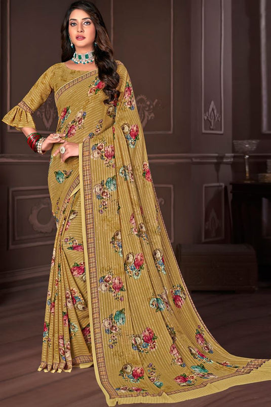 Casual Wear Mehendi Green Color Georgette Fabric Saree With Alluring Digital Printed Work