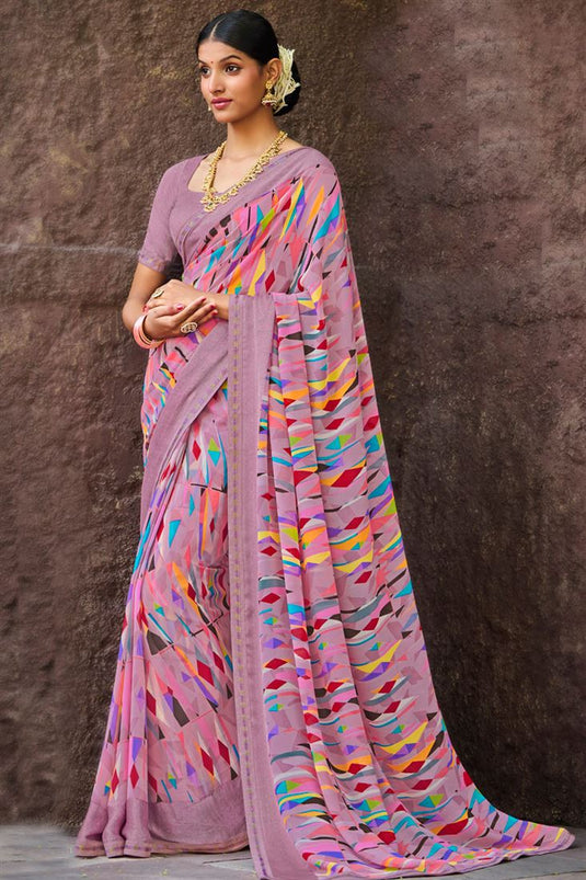 Georgette Fabric Brilliant Light Weight Printed Saree In Pink Color