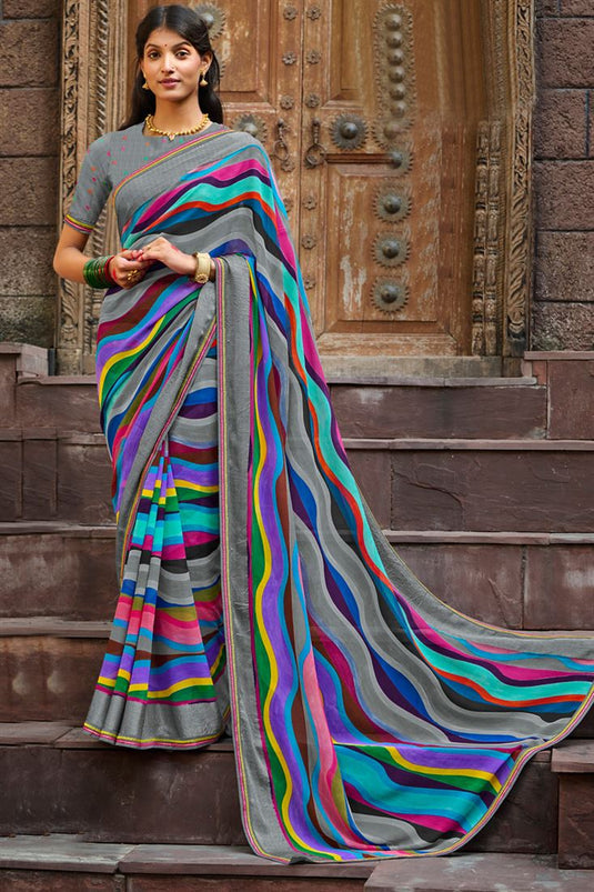 Georgette Fabric Grey Color Soothing Light Weight Printed Saree