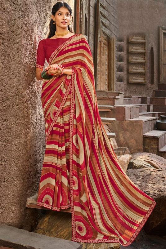 Georgette Fabric Beige Color Wonderful Light Weight Printed Saree