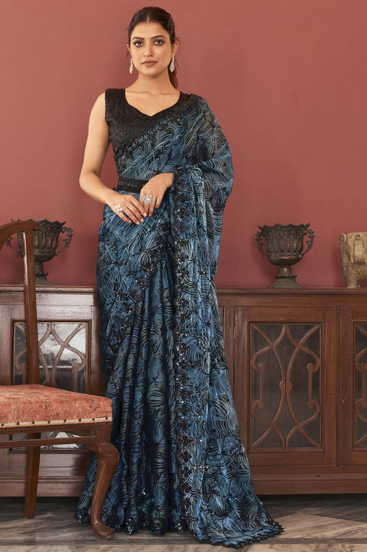 Organza Fabric Wedding Wear Blue Color Fancy Lace Work Saree