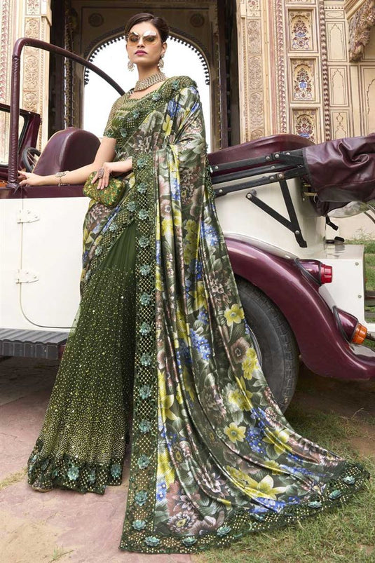 Stunning Mehendi Green Color Sequins Work Saree In Net Fabric