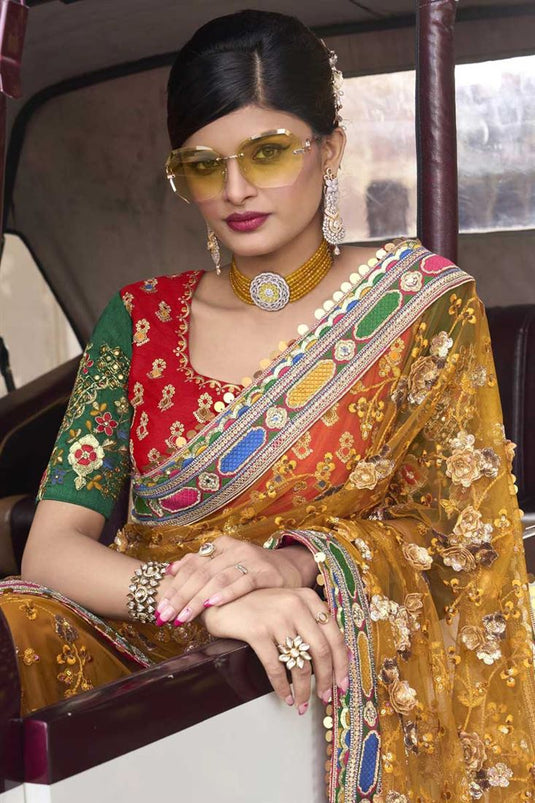 Mustard Color Net Fabric Sequins Work On Fantastic Saree