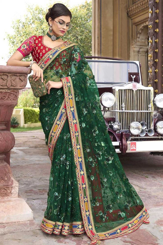 Glamorous Green Color Net Fabric Sequins Work Saree