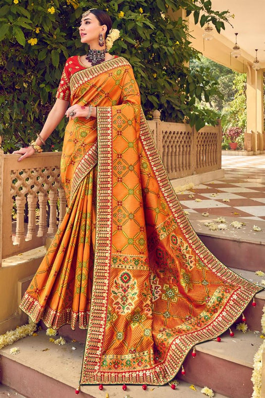 Mustard Color Patola Silk Fabric Wedding Wear Imposing Saree