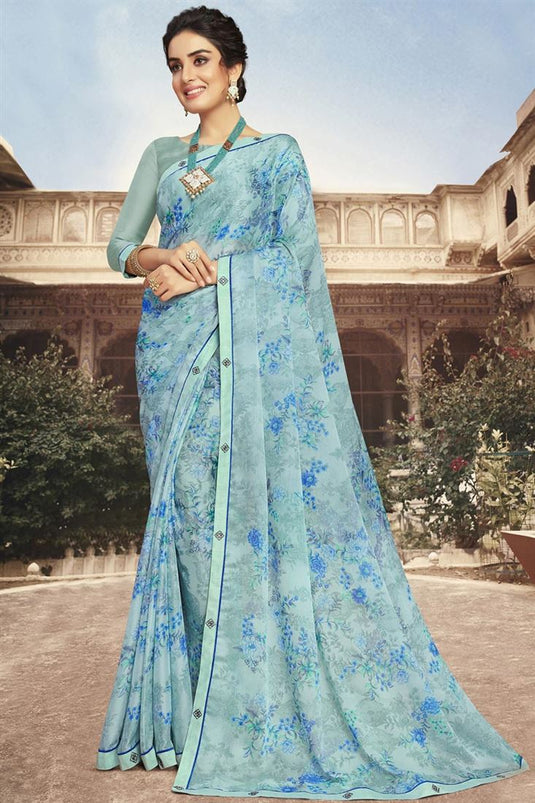 Sea Green Color Parity Georgette Floral Printed Saree