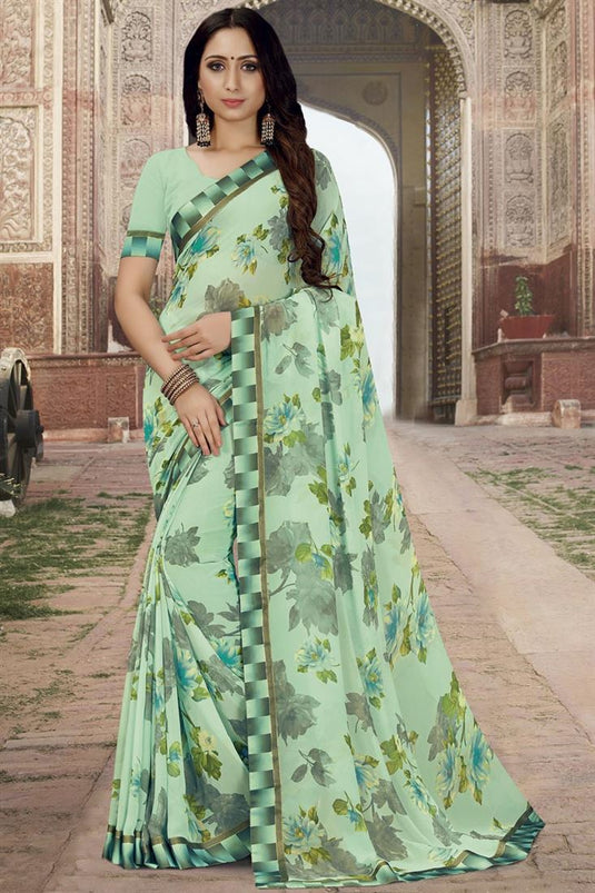 Classic Georgette Floral Printed Casual Saree in Sea Green Color