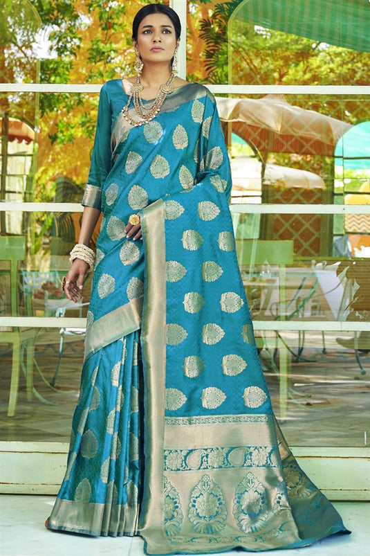 Weaving Work On Banarasi Style Festival Wear Art Silk Saree In Cyan Color