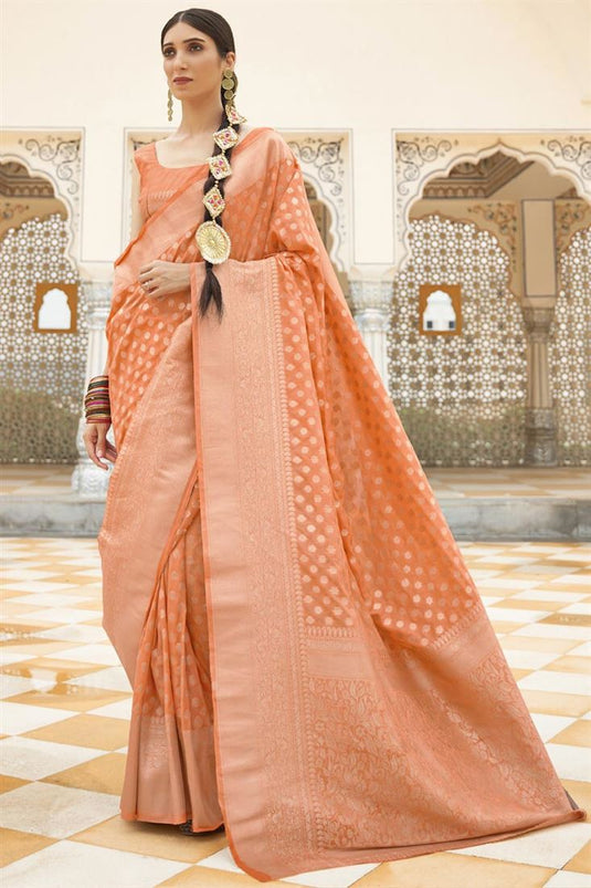 Art Silk Fabric Orange Color Weaving Work Festive Wear Trendy Saree