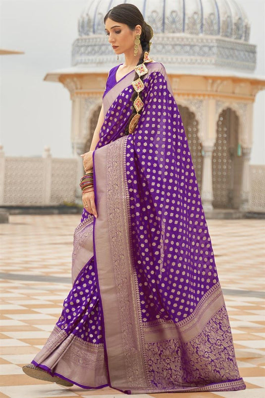 Weaving Work Art Silk Fabric Sangeet Wear Purple Color Designer Saree