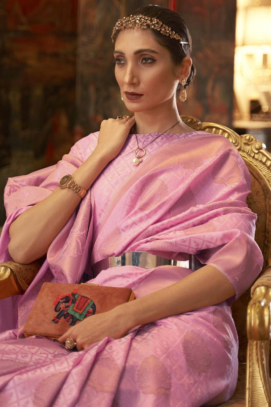 Weaving Work On Pink Color Banarasi Style Art Silk Festive Wear Saree