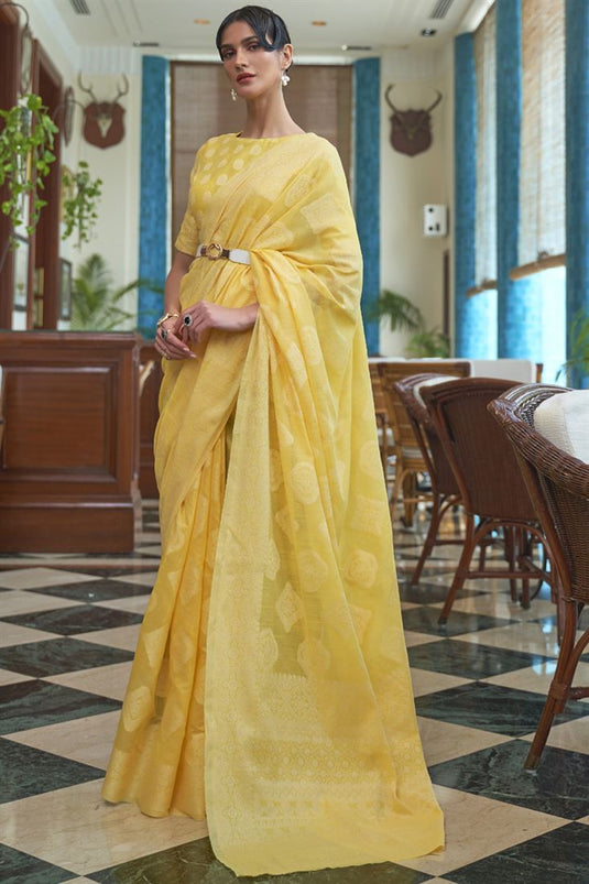 Yellow Color Charming Cotton Fabric Party Wear Saree With Fancy Work