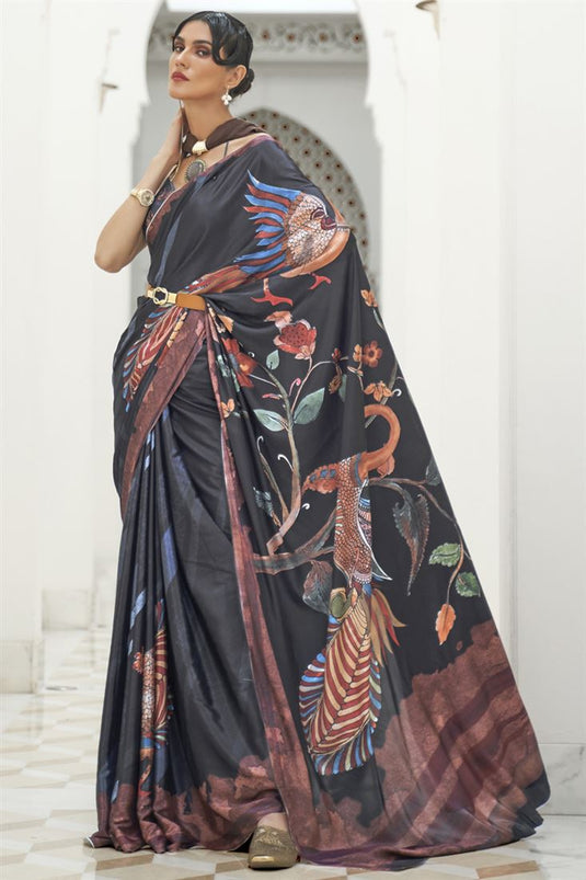 Daily Wear Digital Printed Black Color Crepe Silk Fabric Saree