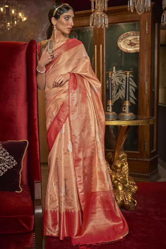 Sangeet Wear Peach Color Art Silk Fabric Saree With Remarkable Weaving Work