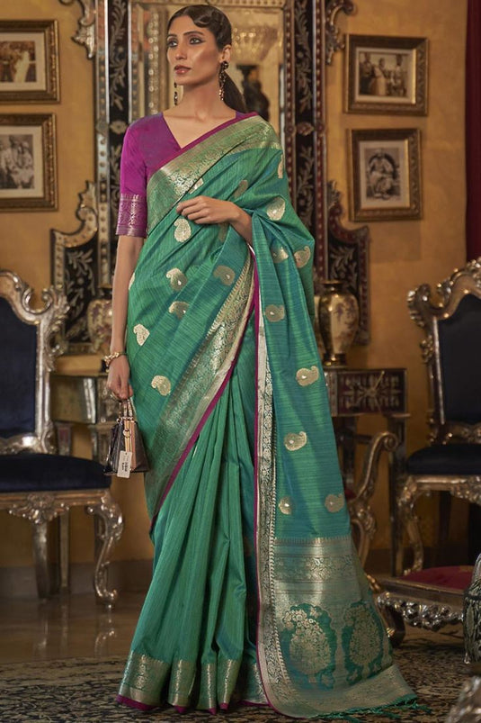 Green Color Art Silk Fabric Festival Wear Aloof Weaving Work Saree