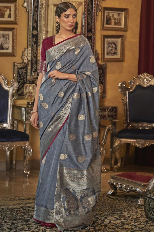 Grey Color Festival Wear Weaving Work Inventive Saree In Art Silk Fabric