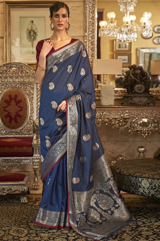 Festival Wear Art Silk Fabric Designer Navy Blue Color Weaving Work Astounding Saree