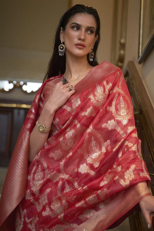 Function Wear Organza Fabric Fabulous Saree In Red Color