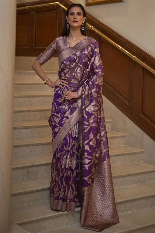 Purple Color Organza Fabric Function Wear Alluring Saree