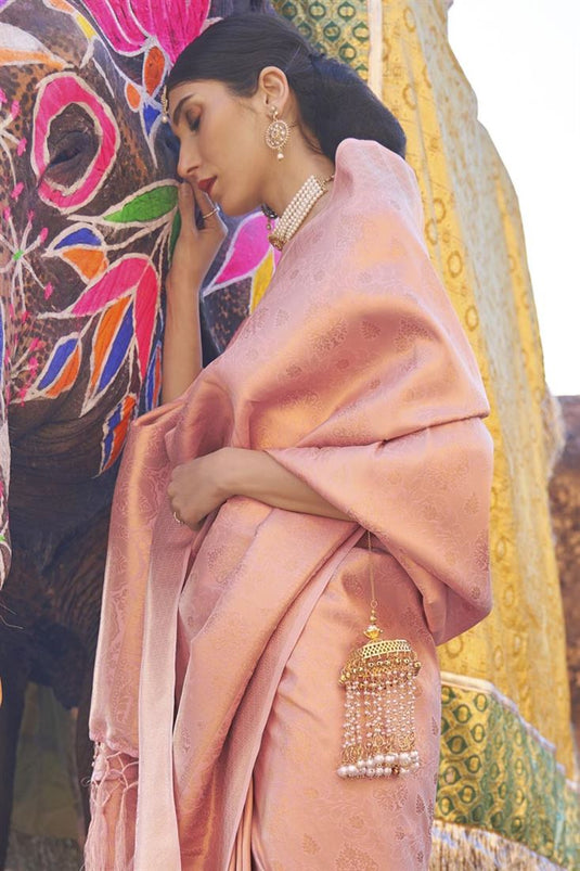 Art Silk Fabric Attractive Peach Color Festival Wear Saree With Weaving Work