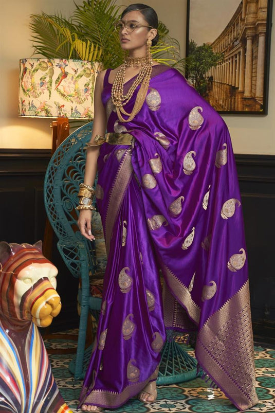 Purple Color Party Wear Satin Fabric Lovely Saree