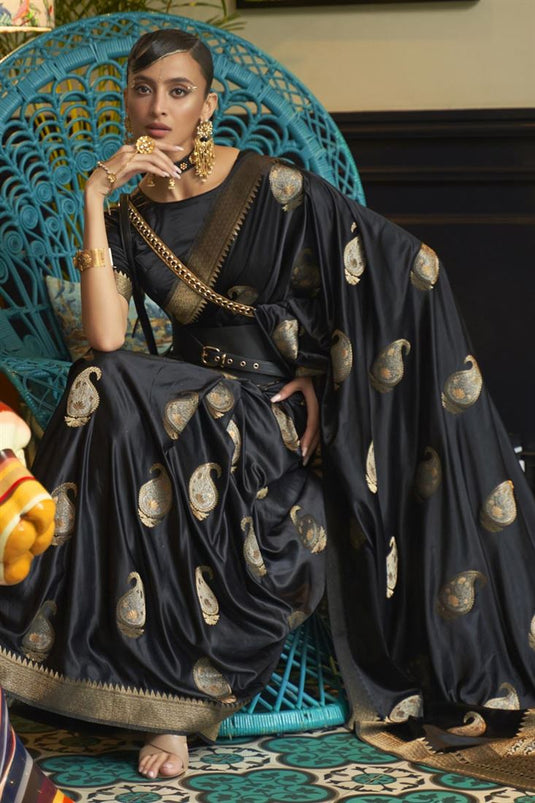 Black Color Party Wear Satin Fabric Charismatic Saree