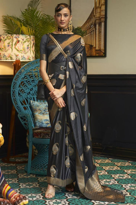 Black Color Party Wear Satin Fabric Charismatic Saree