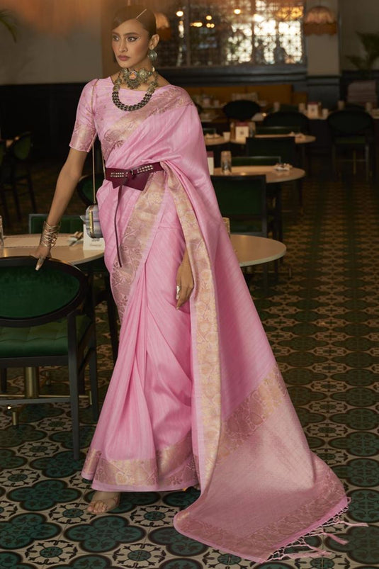 Art Silk Fabric Pink Color Brilliant Saree In Festive Look