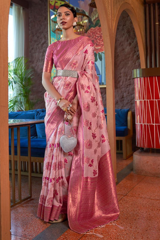 Pastel Pink Organza Shimmer Silk Saree