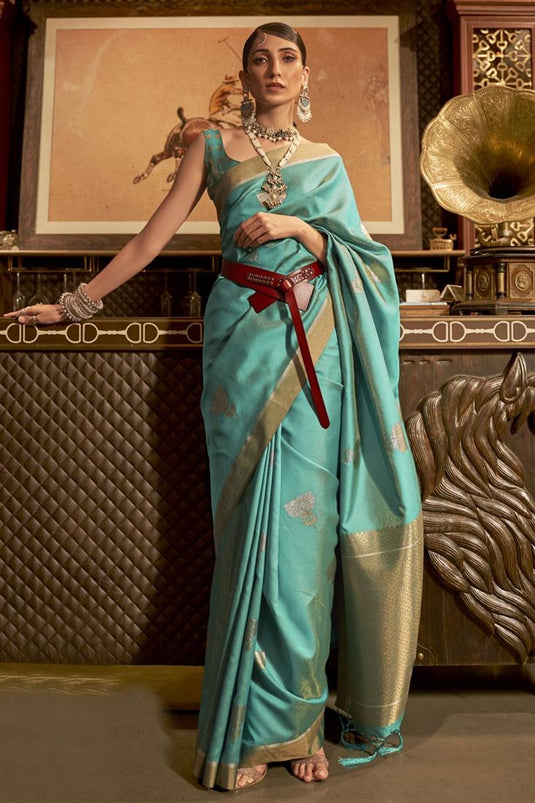 Cyan Color Weaving Work Art Silk Fabric Charismatic Saree