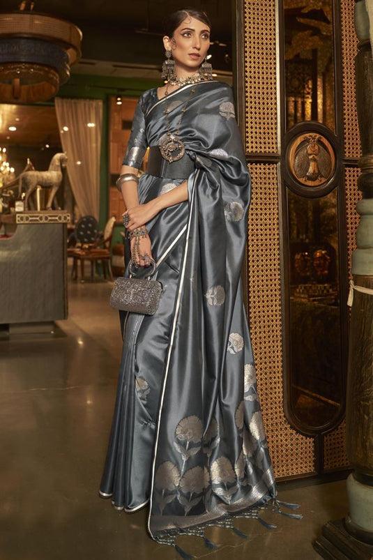 Kanika Dev Grey Color Intricate Party Look Satin Saree