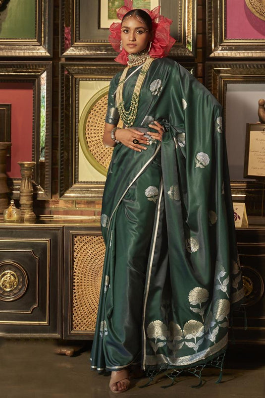 Party Look Dark Green Color Admirable Satin Saree