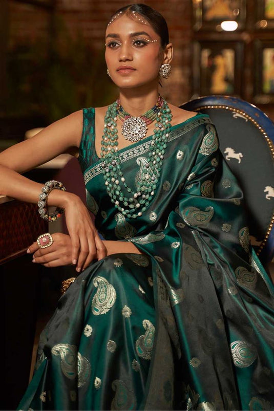 Weaving Work Satin Silk Fabric Dark Green Color Enticing Saree