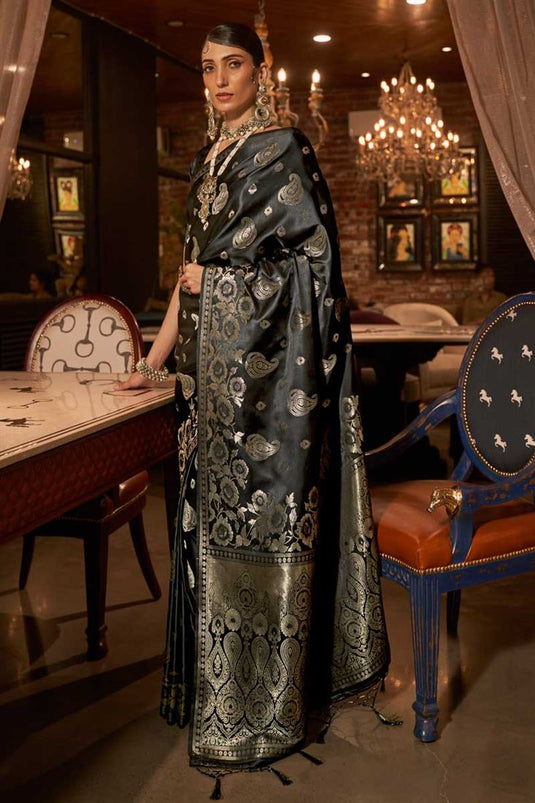 Satin Silk Fabric Weaving Work Brilliant Saree In Black Color