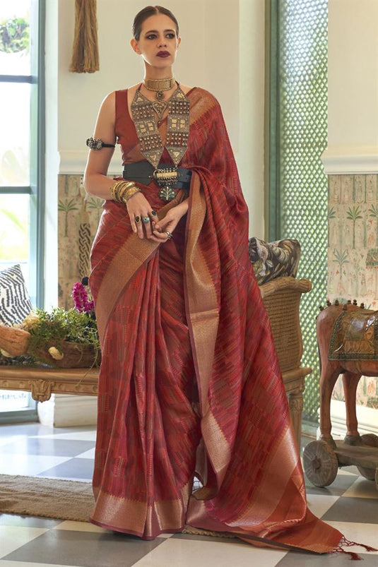 Kalki Koechlin Red Color Organza Fabric Glittering Saree