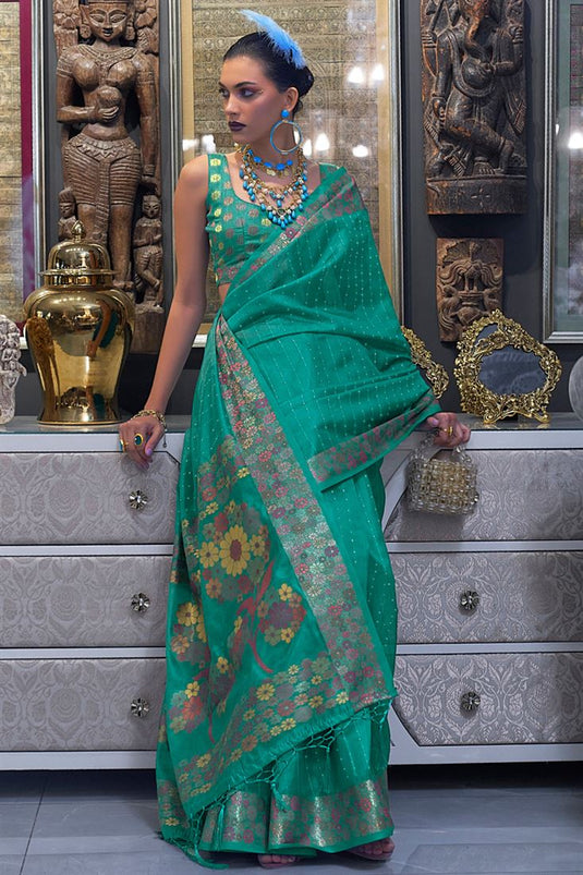 Green Color Function Look Luminous Organza Saree With Sequins Work