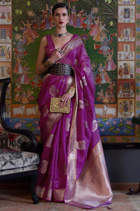 Organza Fabric Beguiling Purple Color Handloom Weaving Saree