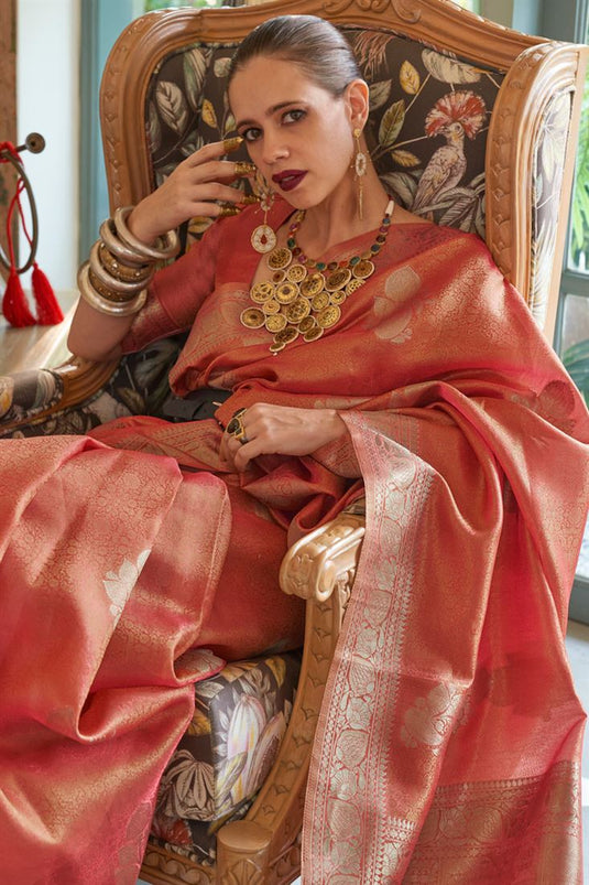 Kalki Koechlin Weaving Work Satin And Tissue Peach Saree