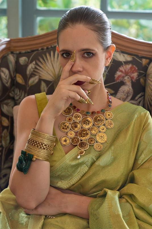 Kalki Koechlin Olive Color Satin And Tissue Fabric Saree