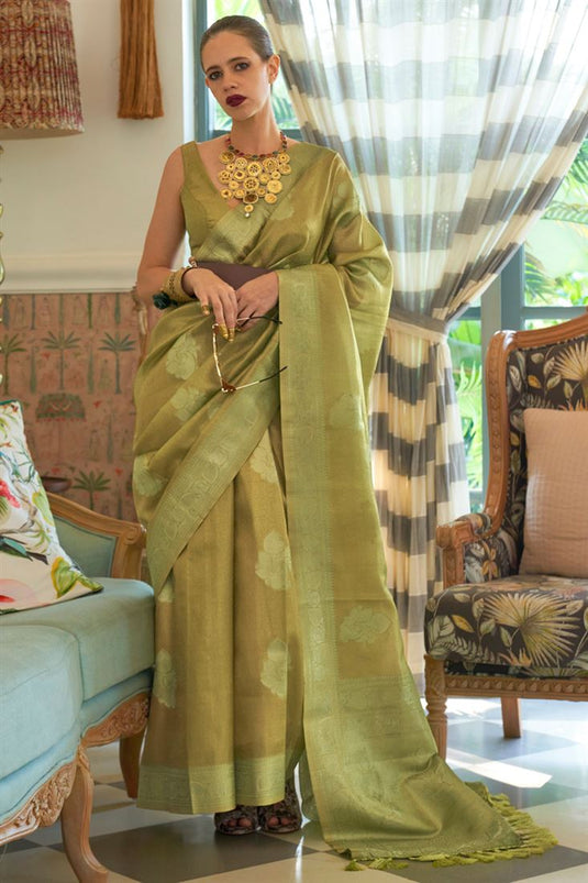 Kalki Koechlin Olive Color Satin And Tissue Fabric Saree