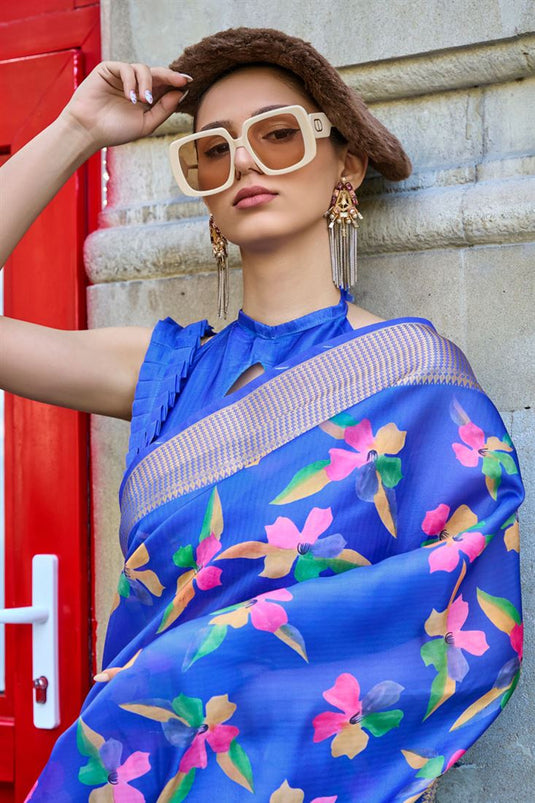 Delicate Satin Organza Fabric Blue Color Digital Printed Saree