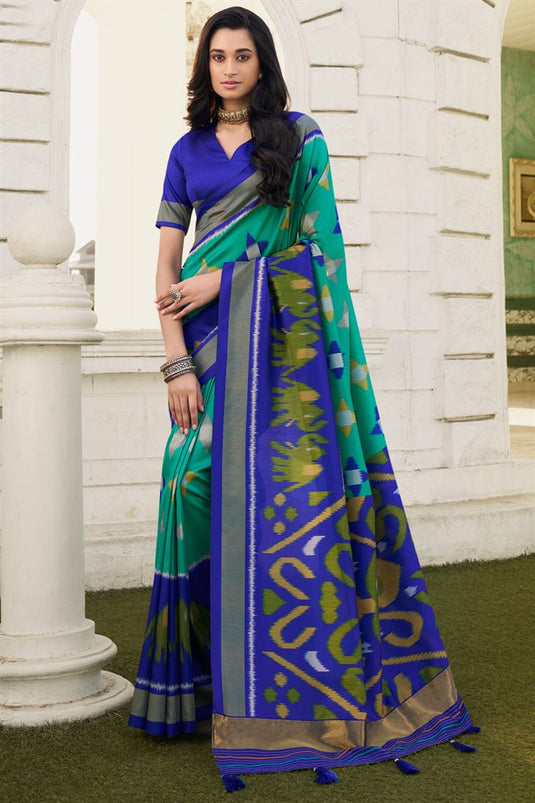 Charming Sea Green Color Patola Art Silk Digital Printed Saree