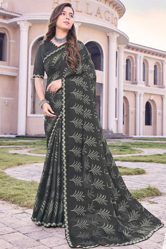 Georgette Mehendi Green Color Riveting Printed Casual Saree