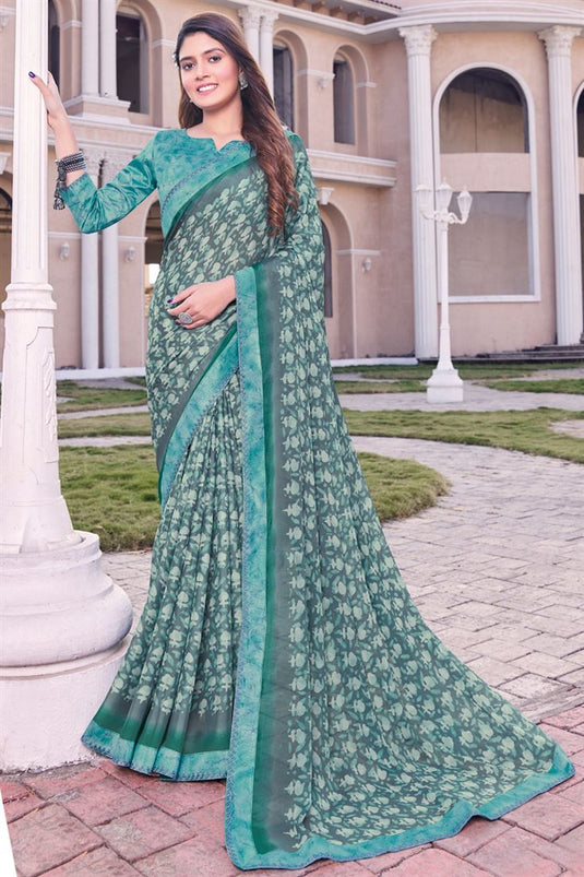 Excellent Georgette Grey Color Printed Casual Saree