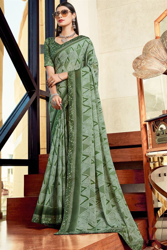 Georgette Mesmeric Olive Color Casual Look Printed Saree