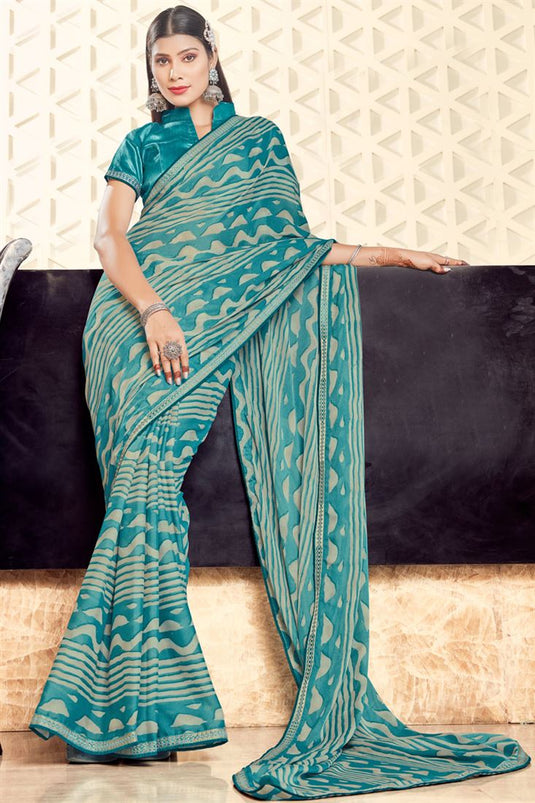 Amazing Light Cyan Color Georgette Casual Look Printed Saree