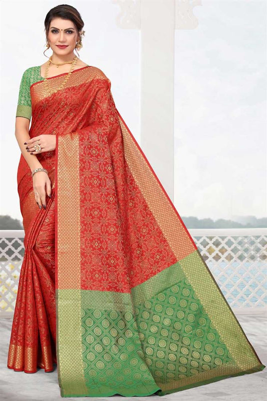 Entrancing Patola Silk Fabric Red Color Saree In Festival Wear