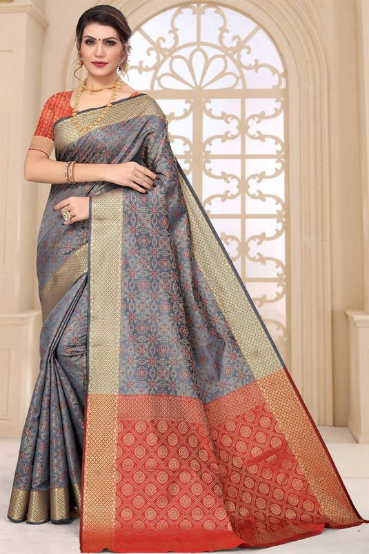 Tempting Patola Silk Fabric Grey Color Saree In Festival Wear