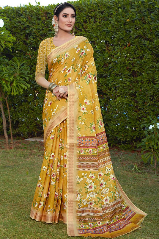 Engaging Yellow Color Cotton Silk Fabric Festive Look Saree